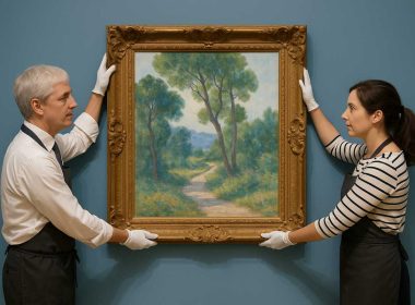 Due esperti posizionano un quadro paesaggistico in una galleria d’arte, concetto di indici finanziari d’arte e valutazione economica delle opere.