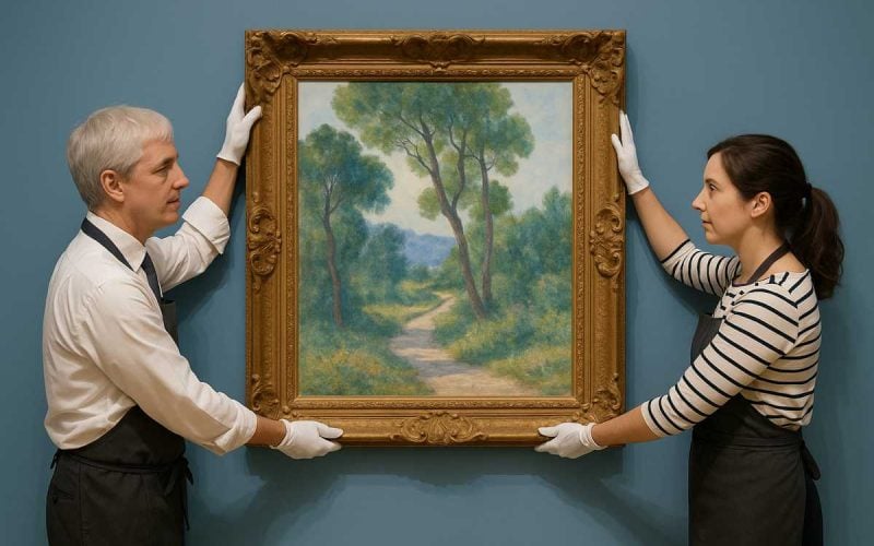 Due esperti posizionano un quadro paesaggistico in una galleria d’arte, concetto di indici finanziari d’arte e valutazione economica delle opere.