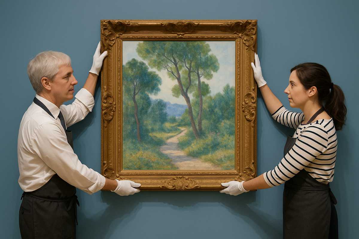 Due esperti posizionano un quadro paesaggistico in una galleria d’arte, concetto di indici finanziari d’arte e valutazione economica delle opere.