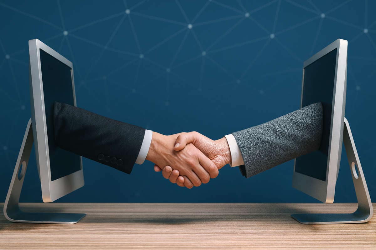 Due persone si stringono la mano attraverso schermi di computer rappresentando accordi digitali nei rischi lending crowdfunding