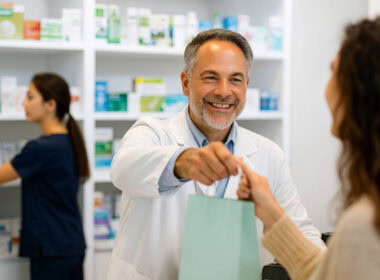 Farmacista sorridente consegna medicinali a cliente per spese farmaceutiche