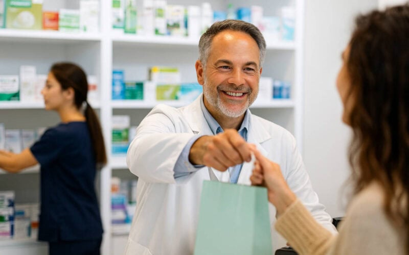 Farmacista sorridente consegna medicinali a cliente per spese farmaceutiche