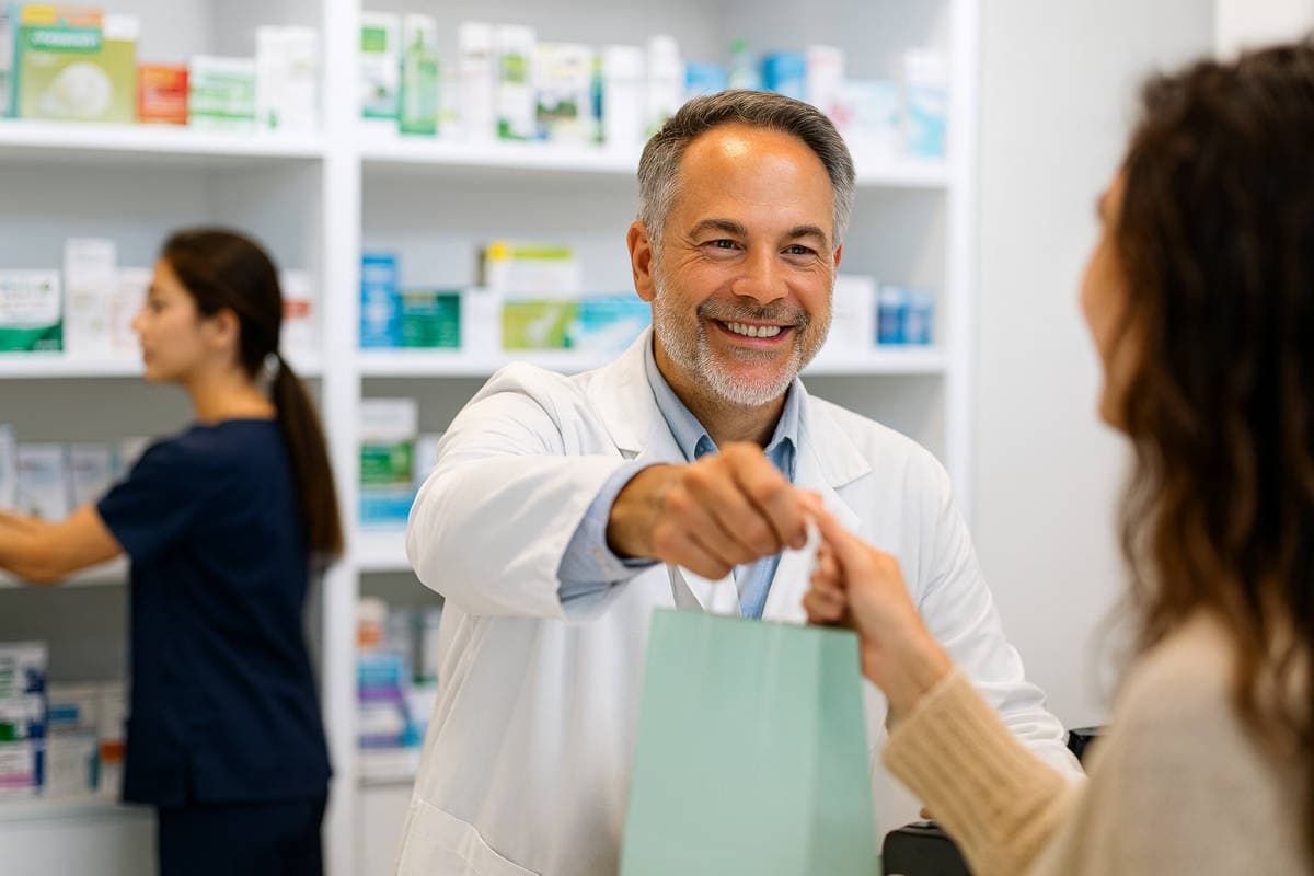 Farmacista sorridente consegna medicinali a cliente per spese farmaceutiche