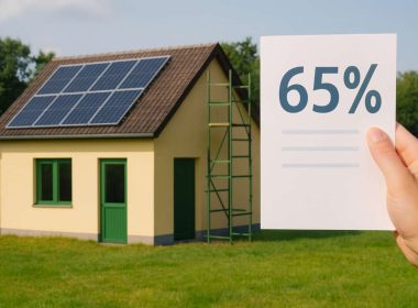 Casa con pannelli solari e cartello 65% – Superbonus 2025 al 65%