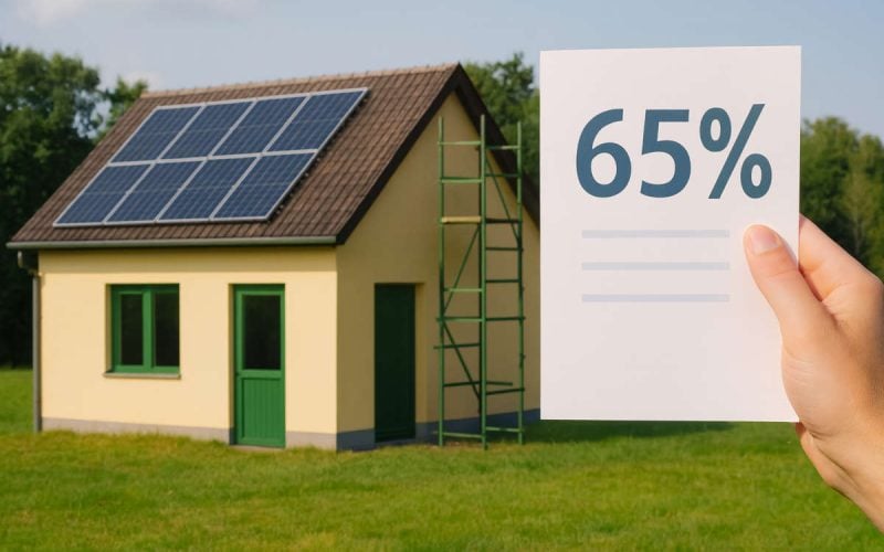 Casa con pannelli solari e cartello 65% – Superbonus 2025 al 65%