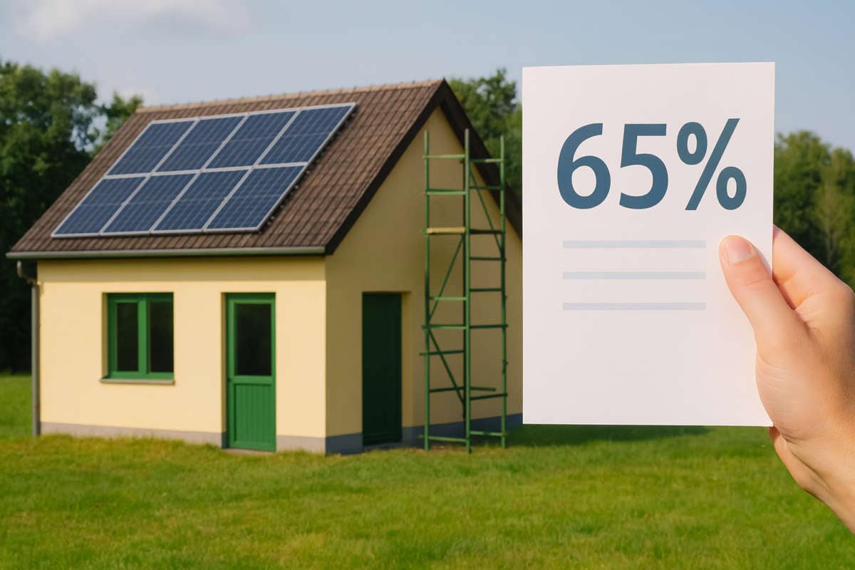 Casa con pannelli solari e cartello 65% – Superbonus 2025 al 65%