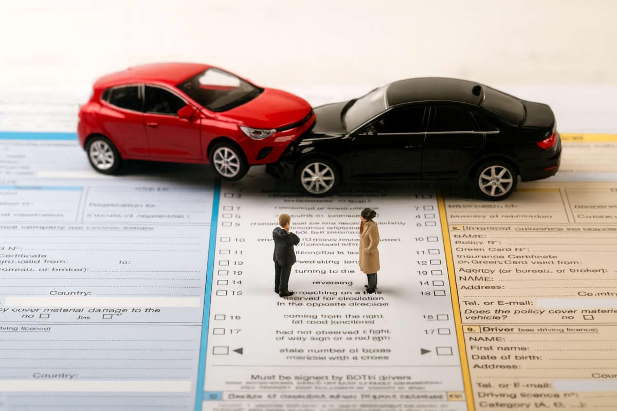 Due auto coinvolte in un incidente raffigurate su un modulo assicurativo, simbolo dei 2,9 milioni di veicoli non assicurati che circolano in Italia senza copertura RCA.