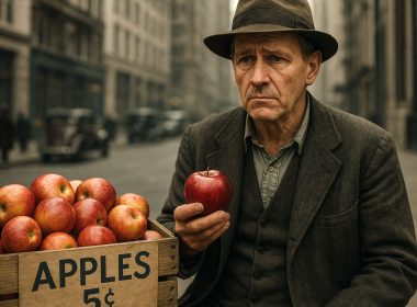 Venditore di mele sulla strada a New York nel 1930 durante la Grande Depressione, con una cassetta di mele rosse in vendita a 5 centesimi.