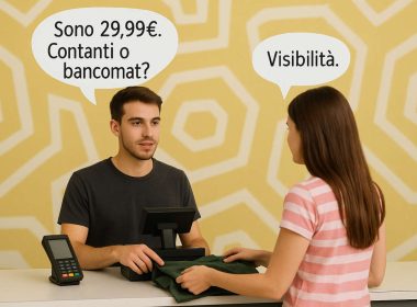 Cassiere e cliente con fumetti “ti pagheremo in visibilità” e “contanti o bancomat”