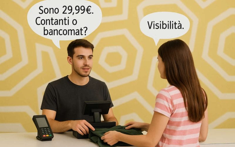 Cassiere e cliente con fumetti “ti pagheremo in visibilità” e “contanti o bancomat”