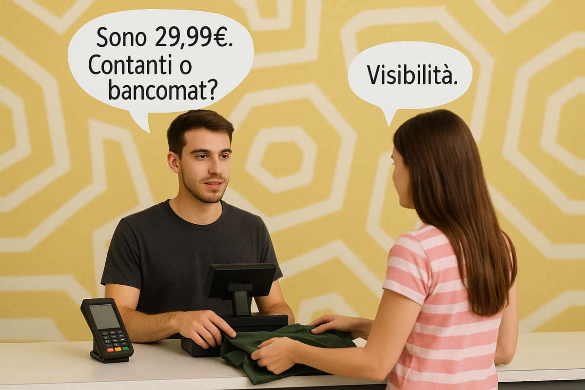Cassiere e cliente con fumetti “ti pagheremo in visibilità” e “contanti o bancomat”