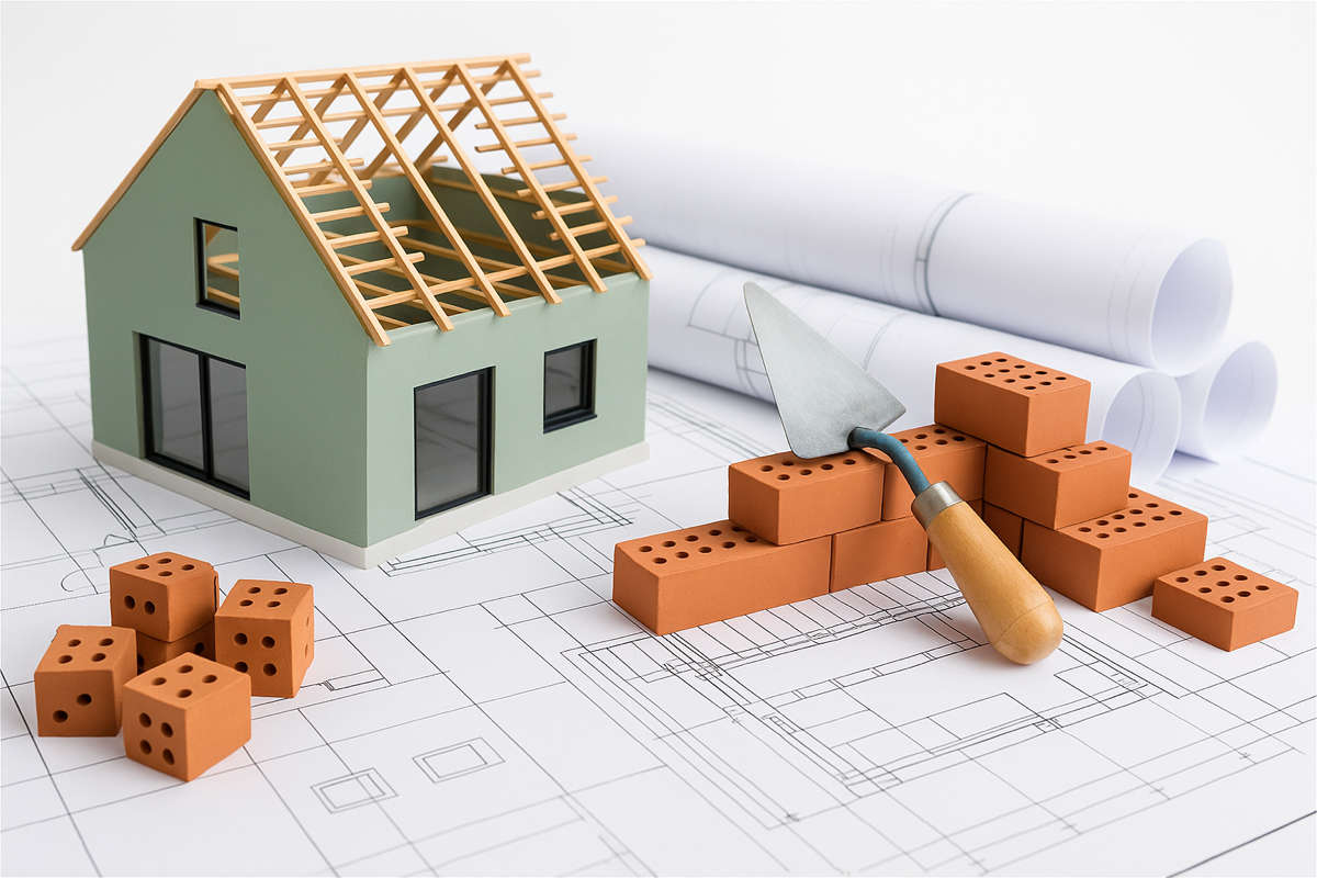 Bonus edilizi 2025: modellino casa in ristrutturazione con mattoni, progetti architettonici e strumenti da lavoro per detrazioni fiscali prima casa
