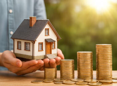 Casa in miniatura tenuta tra le mani davanti a pile crescenti di monete dorate – concetto di credito fiscale e crowdfunding
