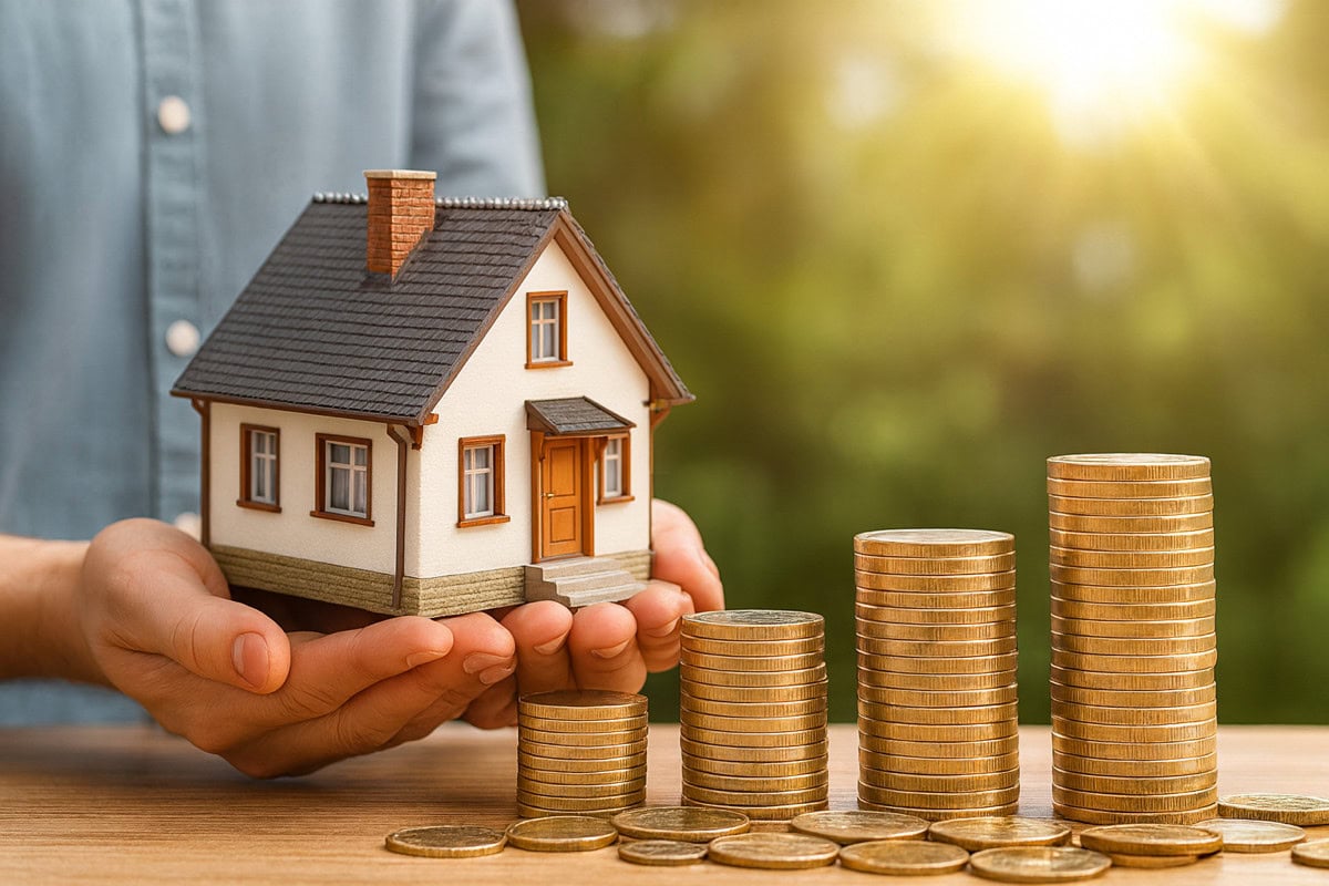 Casa in miniatura tenuta tra le mani davanti a pile crescenti di monete dorate – concetto di credito fiscale e crowdfunding