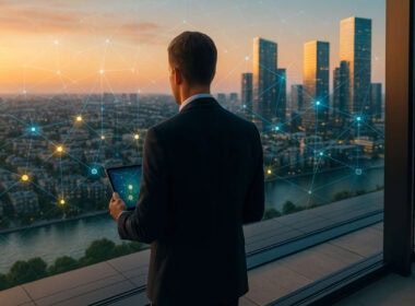 Manager osserva la città al tramonto con tablet e overlay geospaziale, concetto di FNOI e intelligence assicurativa.