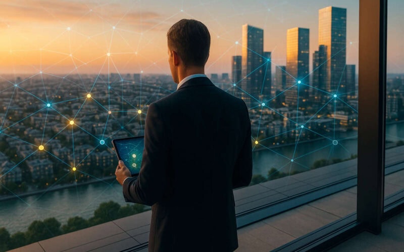 Manager osserva la città al tramonto con tablet e overlay geospaziale, concetto di FNOI e intelligence assicurativa.