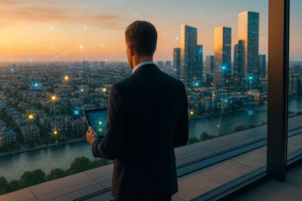 Dal FNOL al FNOI: la rivoluzione silente dell'intelligence geospaziale nell'insurtech. Manager osserva la città al tramonto con tablet e overlay geospaziale, concetto di FNOI e intelligence assicurativa.