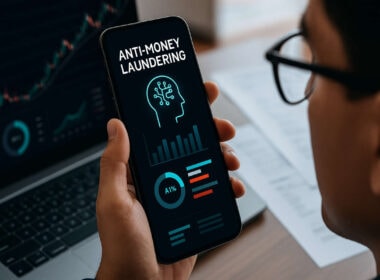 Persona consulta dati su smartphone con grafici e applicazione di IA antiriciclaggio