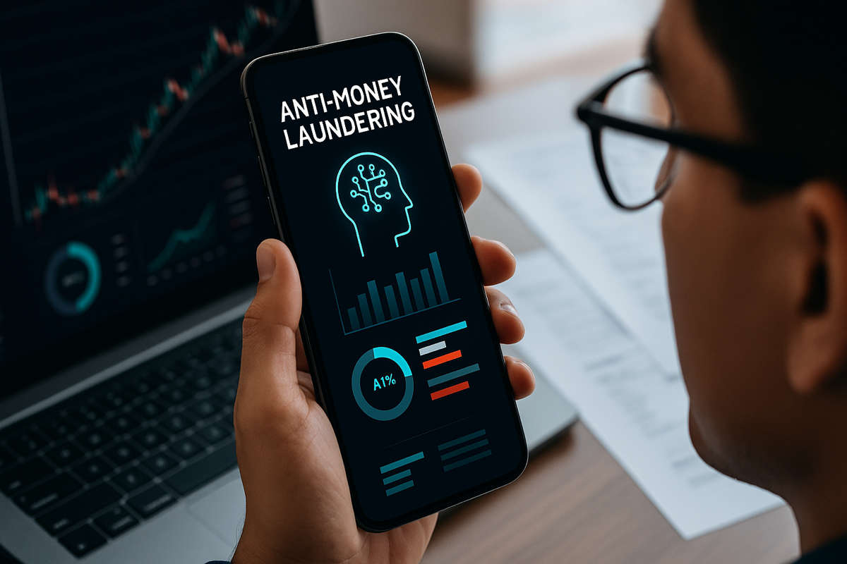 Implementare sistemi di IA per l'antiriciclaggio: una guida operativa per gli studi professionali. Persona consulta dati su smartphone con grafici e applicazione di IA antiriciclaggio