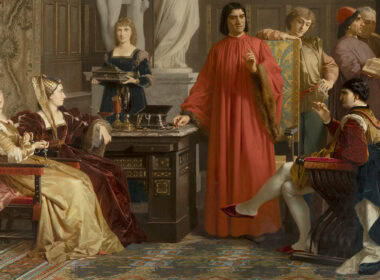 Amos Cassioli, Lorenzo dei Medici mostra a Galeazzo Sforza le suppellettili artistiche da lui raccolte, 1868, Olio su tela, 193 × 290 cm, Siena, Banca Monte dei Paschi di Siena, collezione Chigi Saracini, Foto Claudio Giusti