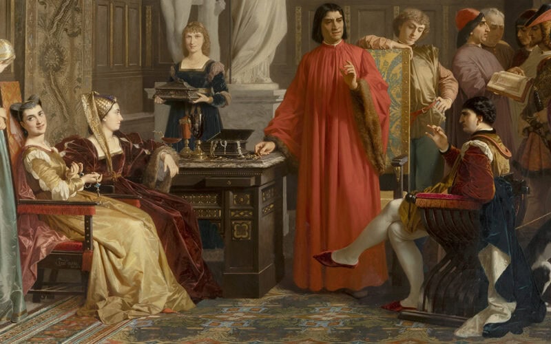 Amos Cassioli, Lorenzo dei Medici mostra a Galeazzo Sforza le suppellettili artistiche da lui raccolte, 1868, Olio su tela, 193 × 290 cm, Siena, Banca Monte dei Paschi di Siena, collezione Chigi Saracini, Foto Claudio Giusti