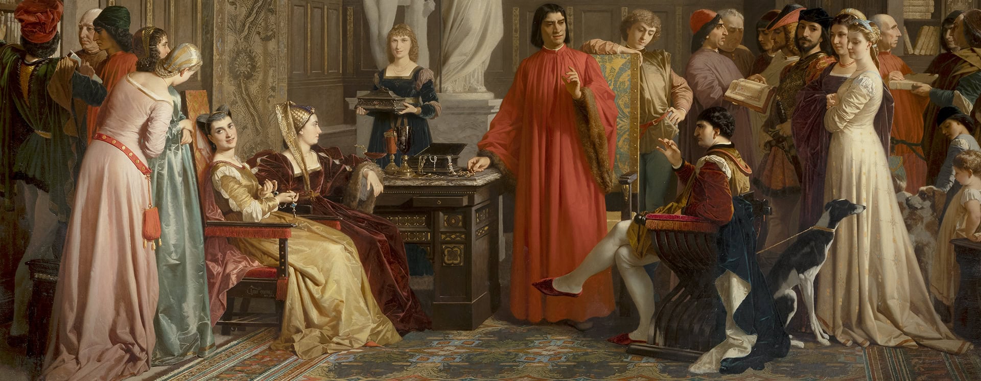 Amos Cassioli, Lorenzo dei Medici mostra a Galeazzo Sforza le suppellettili artistiche da lui raccolte, 1868, Olio su tela, 193 × 290 cm, Siena, Banca Monte dei Paschi di Siena, collezione Chigi Saracini, Foto Claudio Giusti