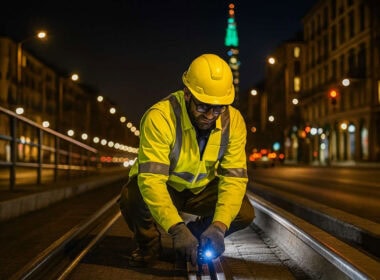 Lavoratori notturni al lavoro sui binari in una strada di Milano