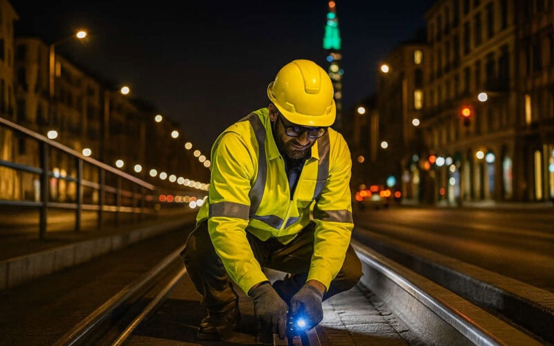 Lavoratori notturni al lavoro sui binari in una strada di Milano