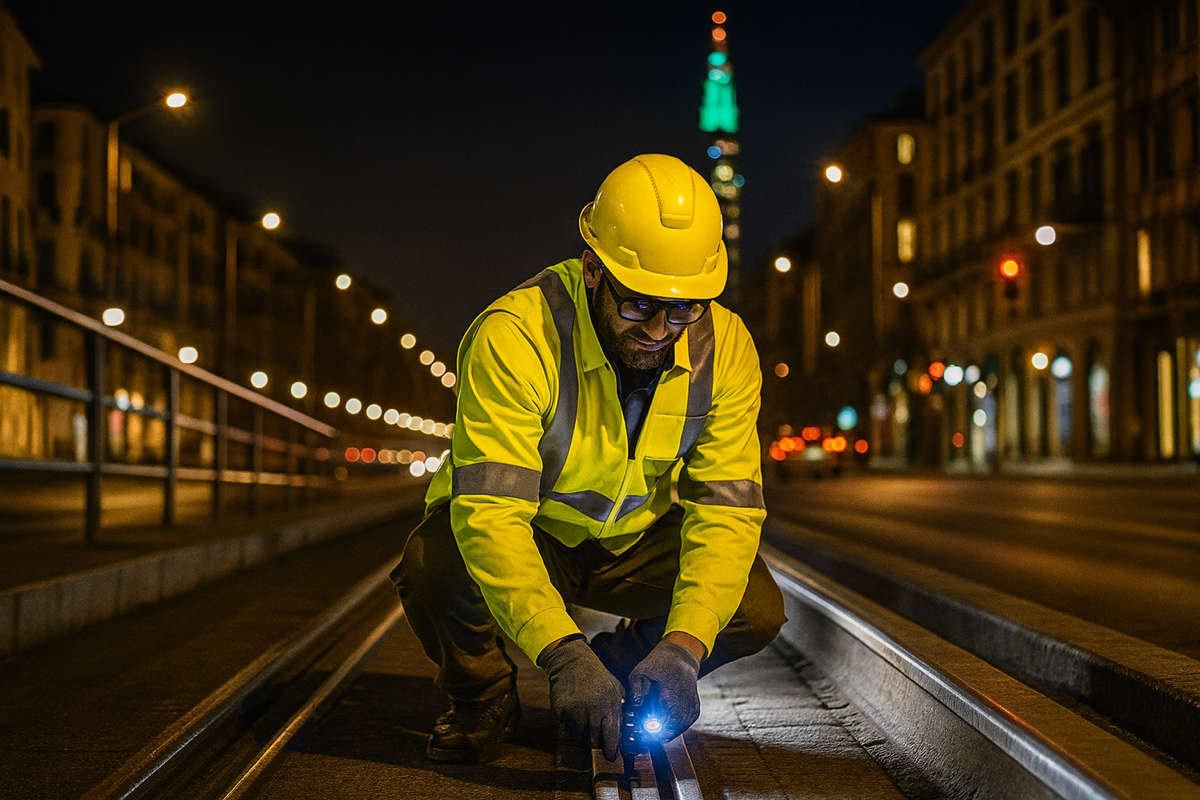 Lavoratori notturni al lavoro sui binari in una strada di Milano