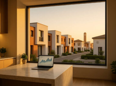 Interno moderno con isola in marmo e vista su villette italiane al tramonto, concetto di agevolazioni prima casa.