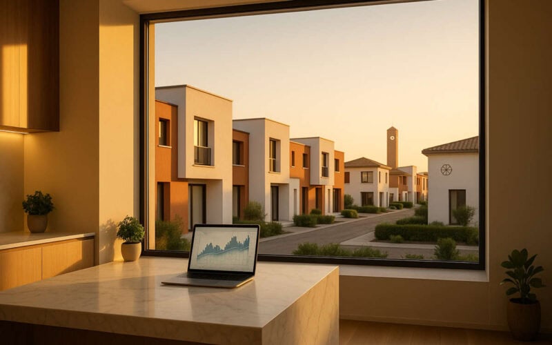 Interno moderno con isola in marmo e vista su villette italiane al tramonto, concetto di agevolazioni prima casa.