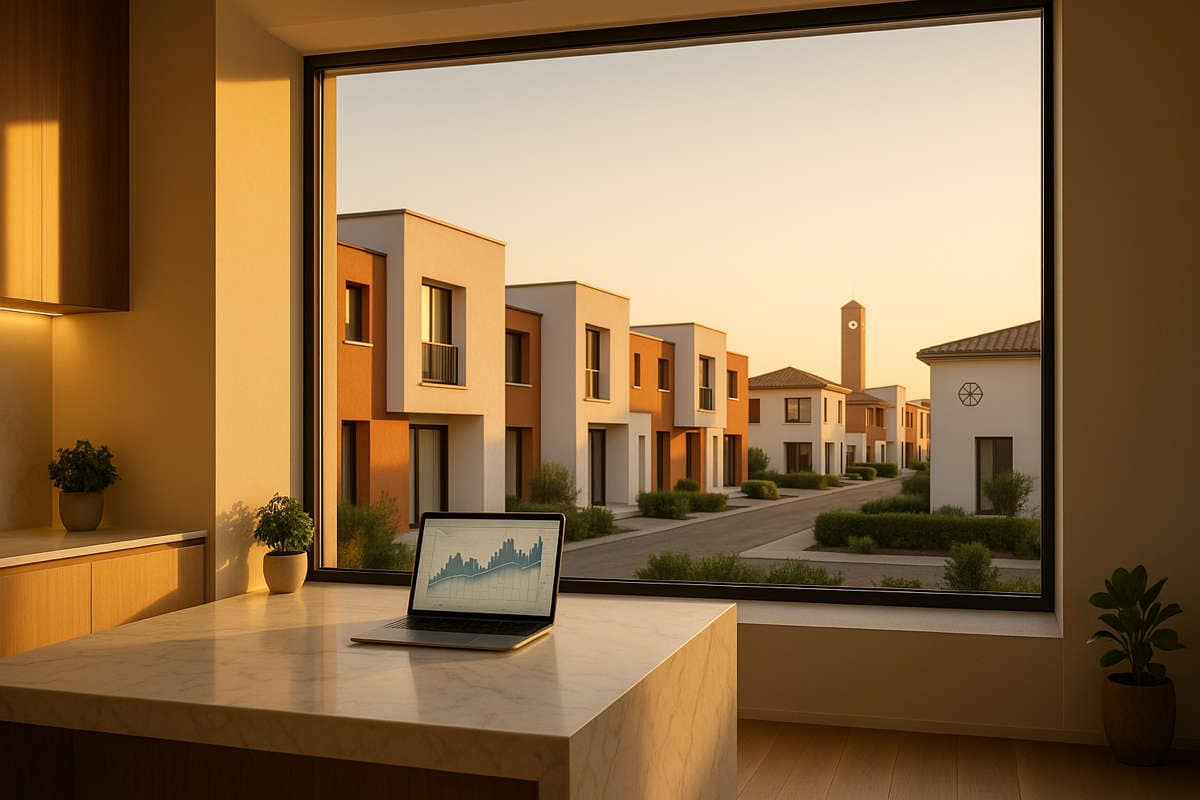Interno moderno con isola in marmo e vista su villette italiane al tramonto, concetto di agevolazioni prima casa.