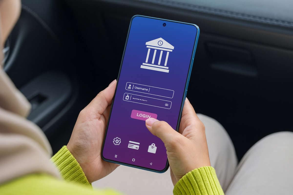 Persona accede a un’app bancaria da smartphone per effettuare bonifici 2025, con login protetto e interfaccia digitale moderna.