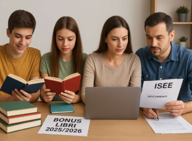 Famiglia con studenti che compilano la domanda per il bonus libri 2025/2026 con documenti ISEE e libri scolastici su un tavolo