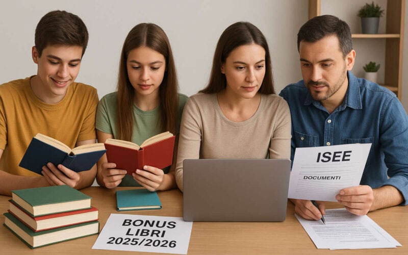 Famiglia con studenti che compilano la domanda per il bonus libri 2025/2026 con documenti ISEE e libri scolastici su un tavolo