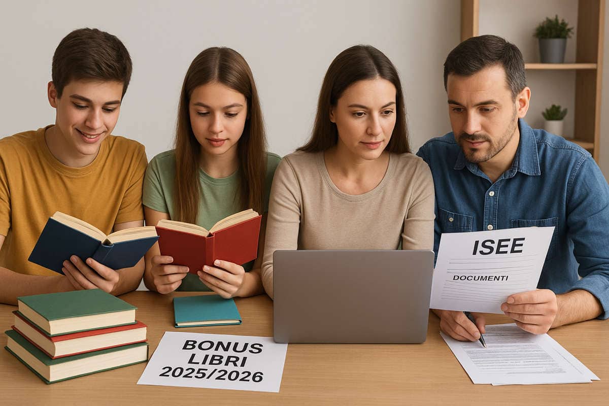 Famiglia con studenti che compilano la domanda per il bonus libri 2025/2026 con documenti ISEE e libri scolastici su un tavolo