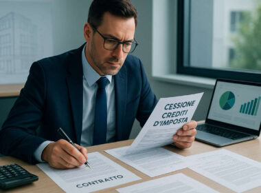 Consulente finanziario che analizza documenti di cessione crediti fiscali nel 2025 con laptop e calcolatrice in ufficio moderno.