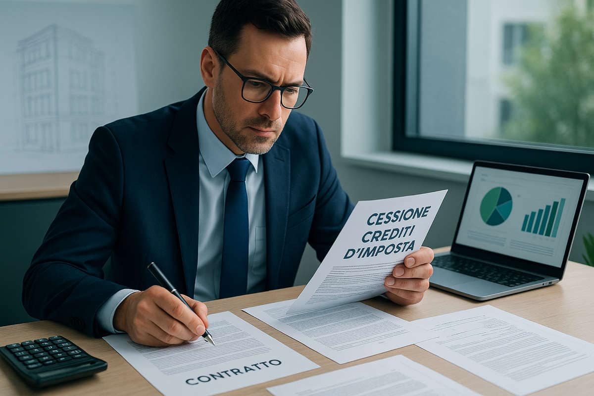 Consulente finanziario che analizza documenti di cessione crediti fiscali nel 2025 con laptop e calcolatrice in ufficio moderno.