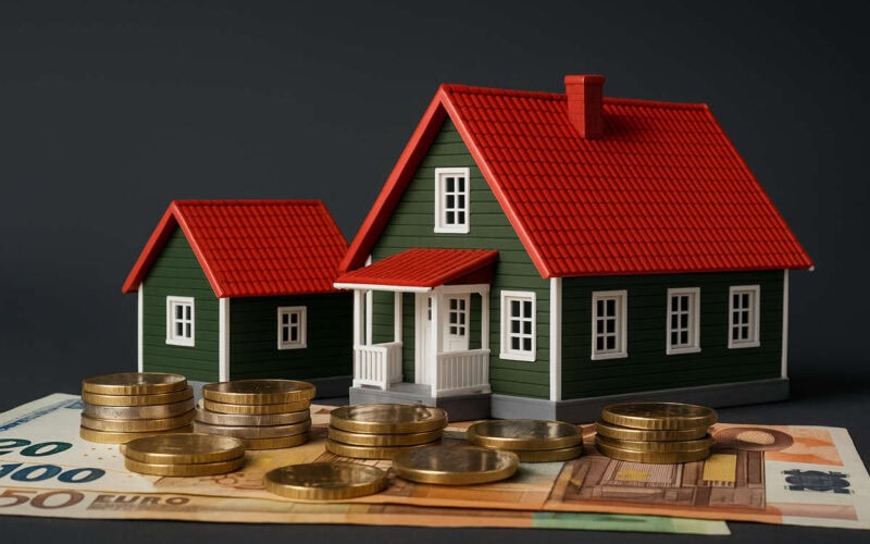 Cessione singoli crediti fiscali: casa con tetto rosso su monete e banconote euro