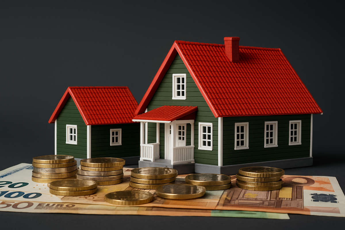 Cessione singoli crediti fiscali: casa con tetto rosso su monete e banconote euro