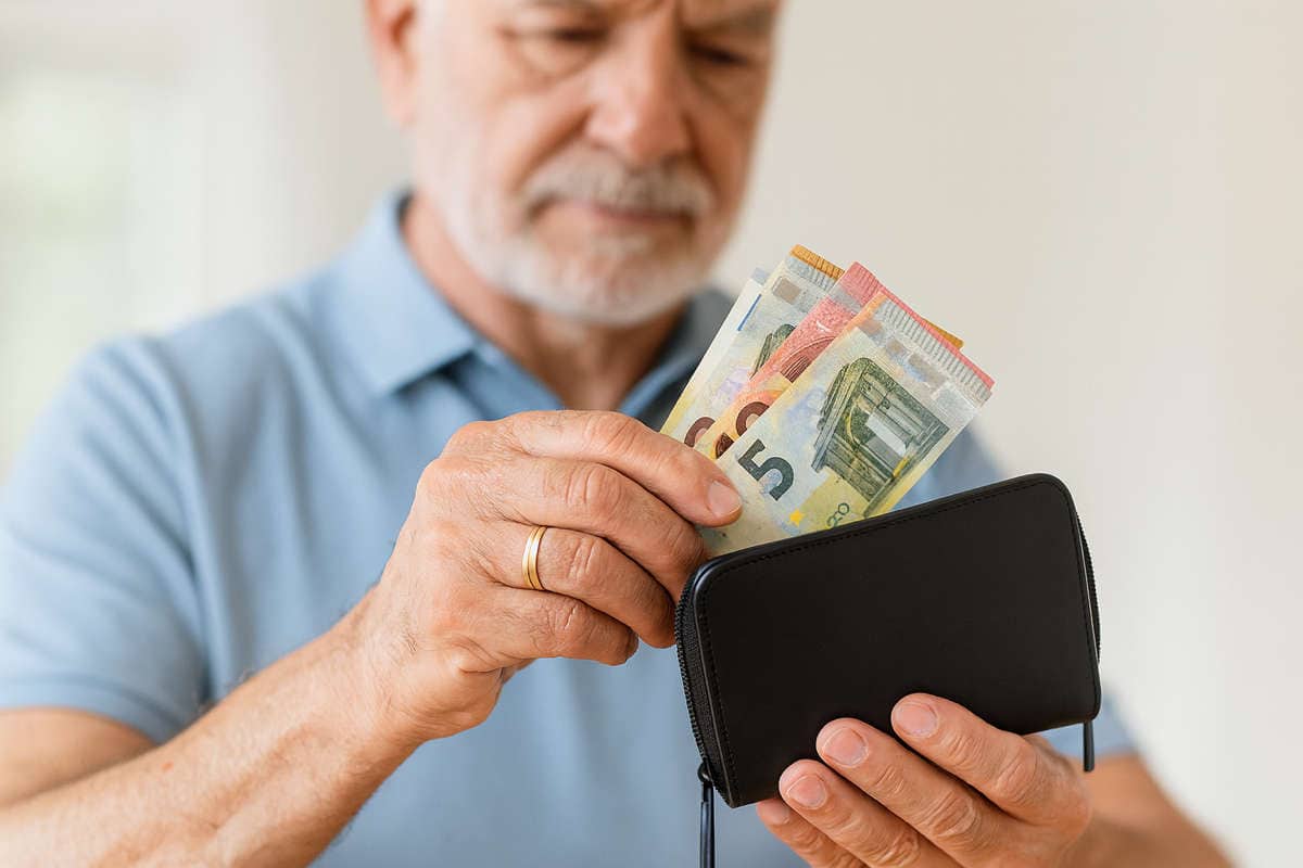 Uomo con portafoglio nero che conta contanti in casa
