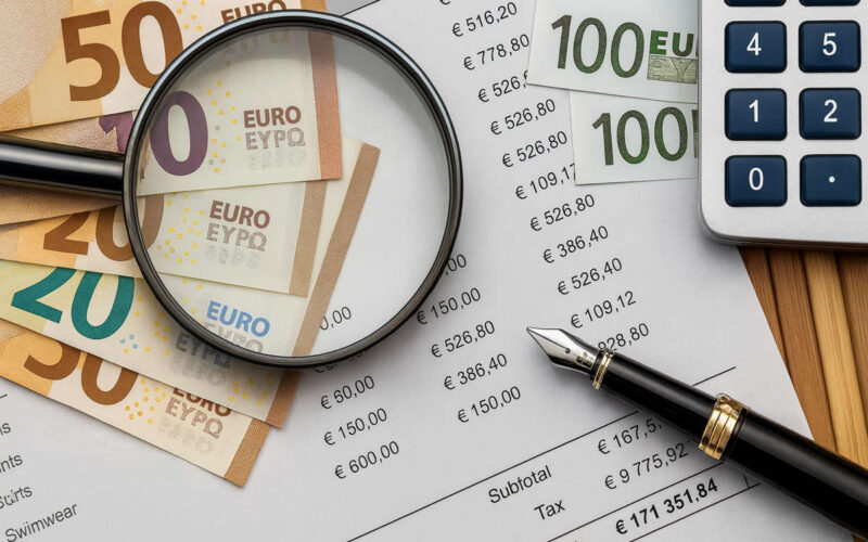 Costi conto corrente: euro, calcolatrice, lente e fattura in primo piano