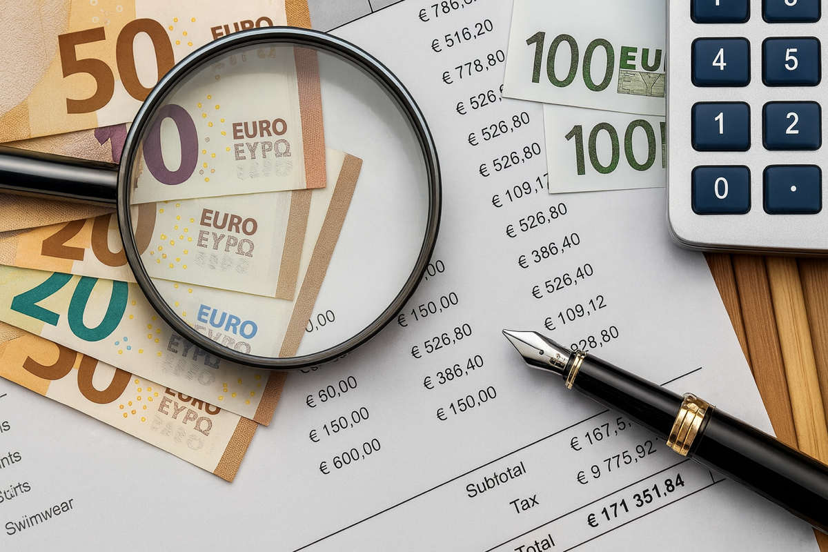 Costi conto corrente: euro, calcolatrice, lente e fattura in primo piano