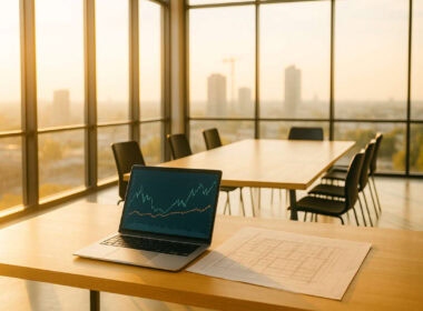 Laptop con grafici finanziari e planimetrie in una sala riunioni moderna, luce dorata al tramonto, concetto di crediti fiscali edilizia.