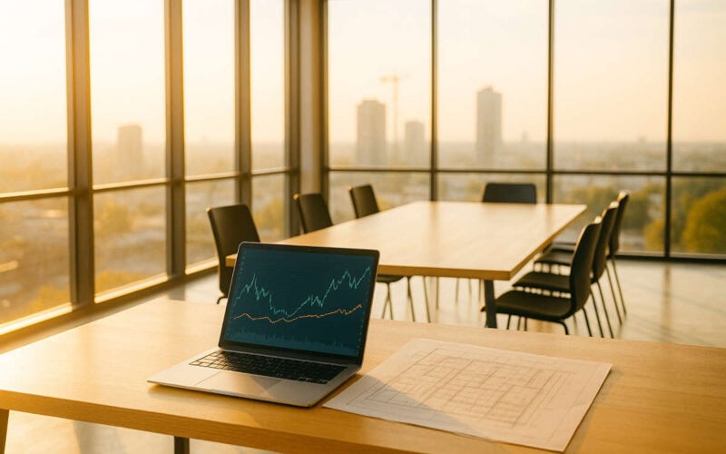 Laptop con grafici finanziari e planimetrie in una sala riunioni moderna, luce dorata al tramonto, concetto di crediti fiscali edilizia.