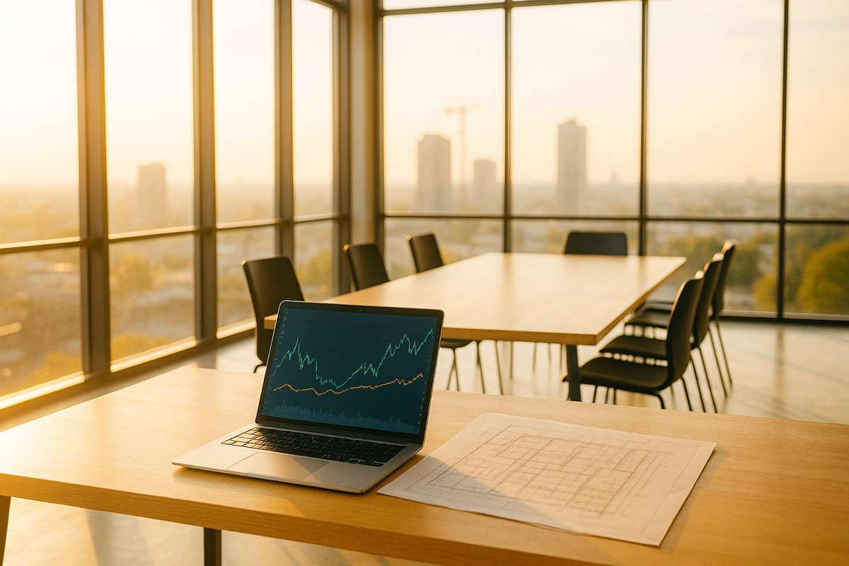 Laptop con grafici finanziari e planimetrie in una sala riunioni moderna, luce dorata al tramonto, concetto di crediti fiscali edilizia.