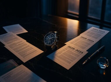 Scrivania in marmo nero lucido con documenti su crediti fiscali pluriennali, orologio di lusso e penna stilografica.