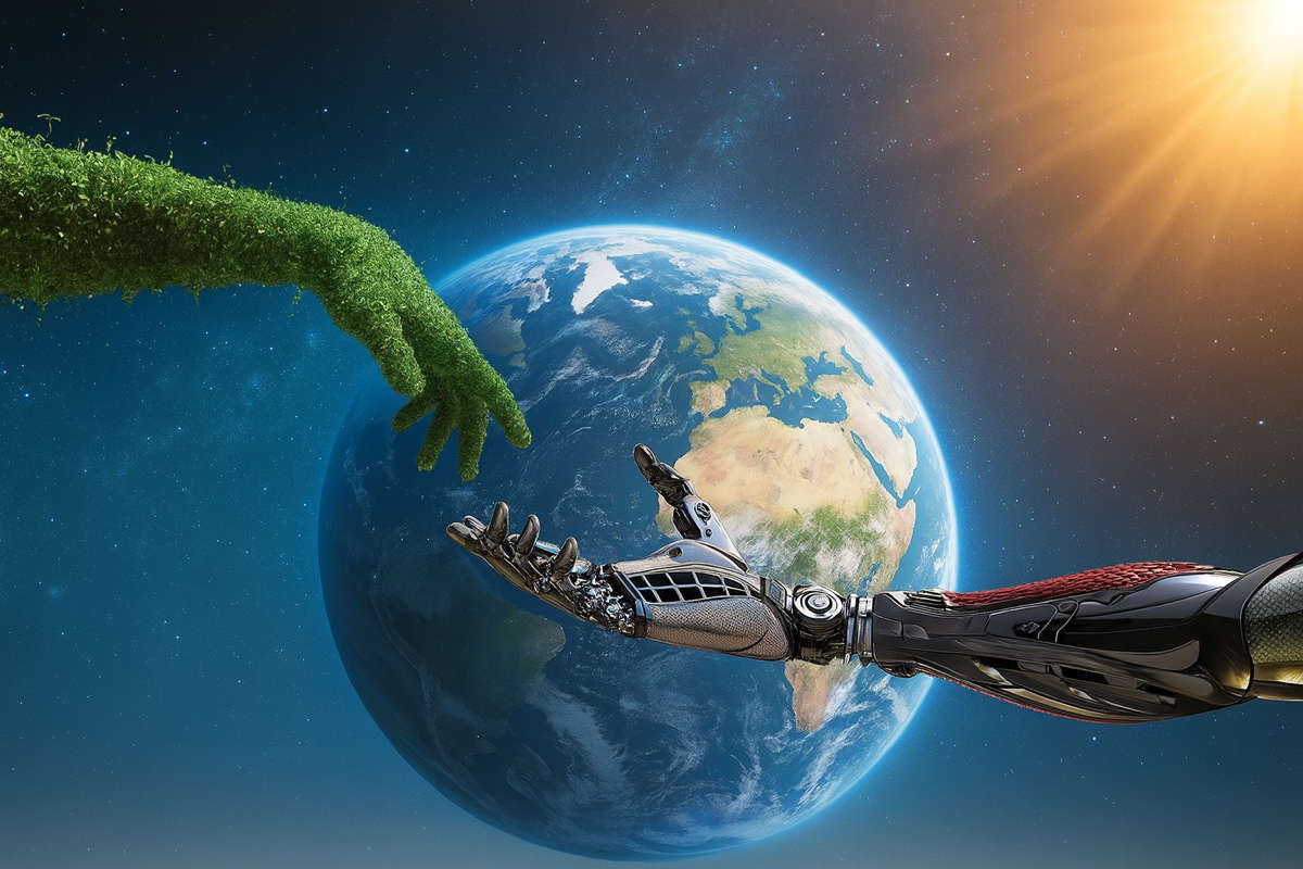 Impatto PNRR: i crediti green e quelli legati al digitale verranno ceduti?. Mano verde naturale e mano robotica che si tendono sopra la Terra – concetto di crediti green