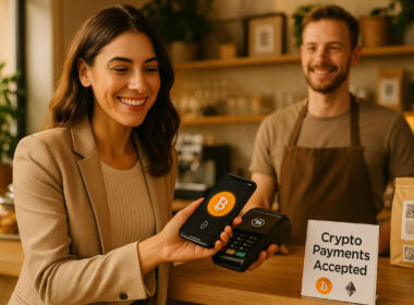 Donna italiana che paga con smartphone in caffetteria usando criptovalute, esempio di utilizzi pratici quotidiani.