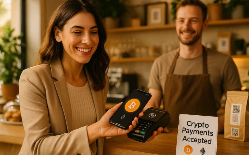 Donna italiana che paga con smartphone in caffetteria usando criptovalute, esempio di utilizzi pratici quotidiani.